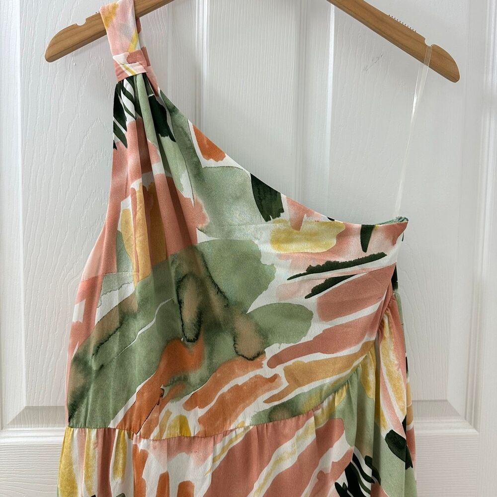 Women’s One Shoulder Tropical Print Floral Dress Pink Green